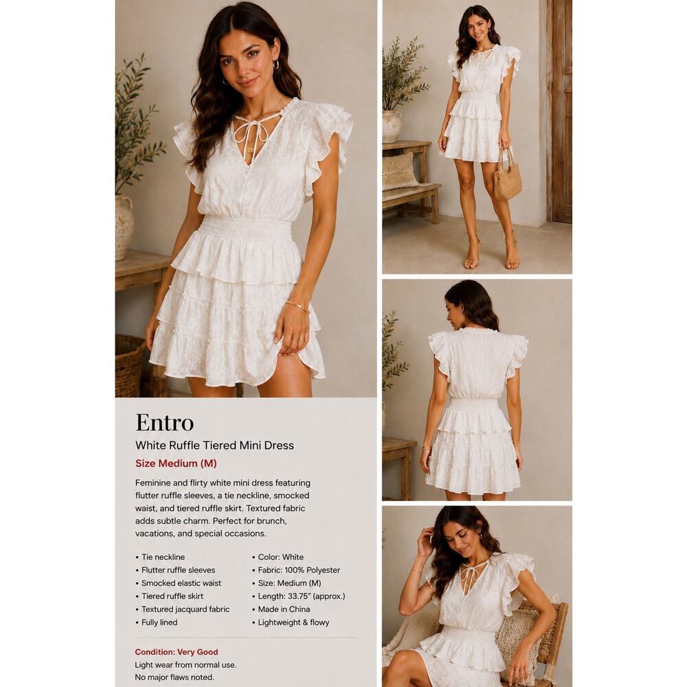 Entro White Ruffle Tiered Mini Dress Size M Boho Textured Flutter Sleeve